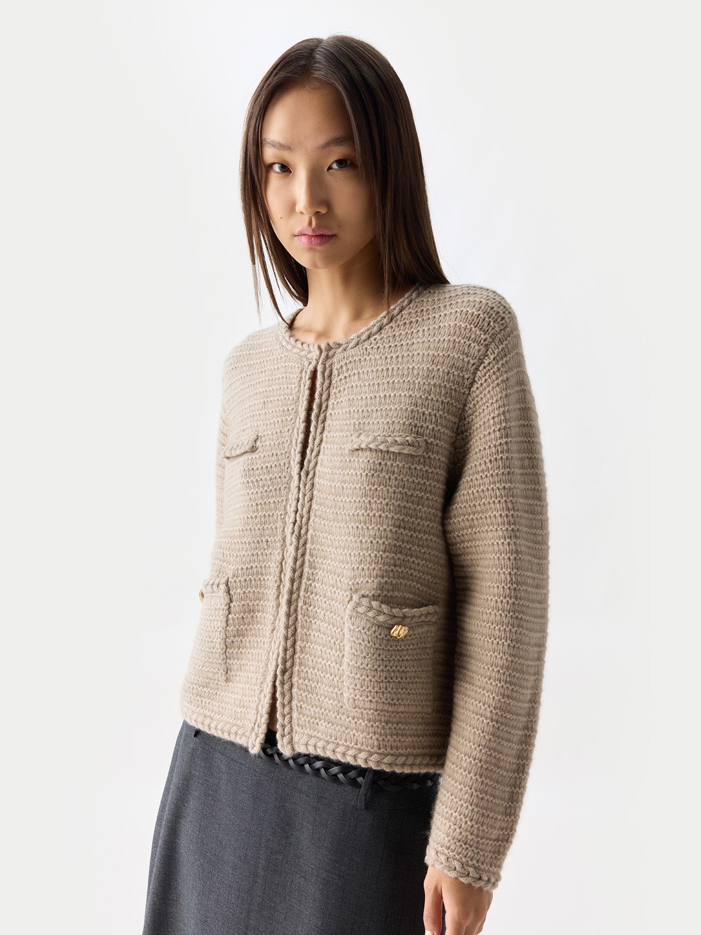 Cardigan Style Veste Cachemire Femme Couleur Beige Organique | GOBI Cashmere