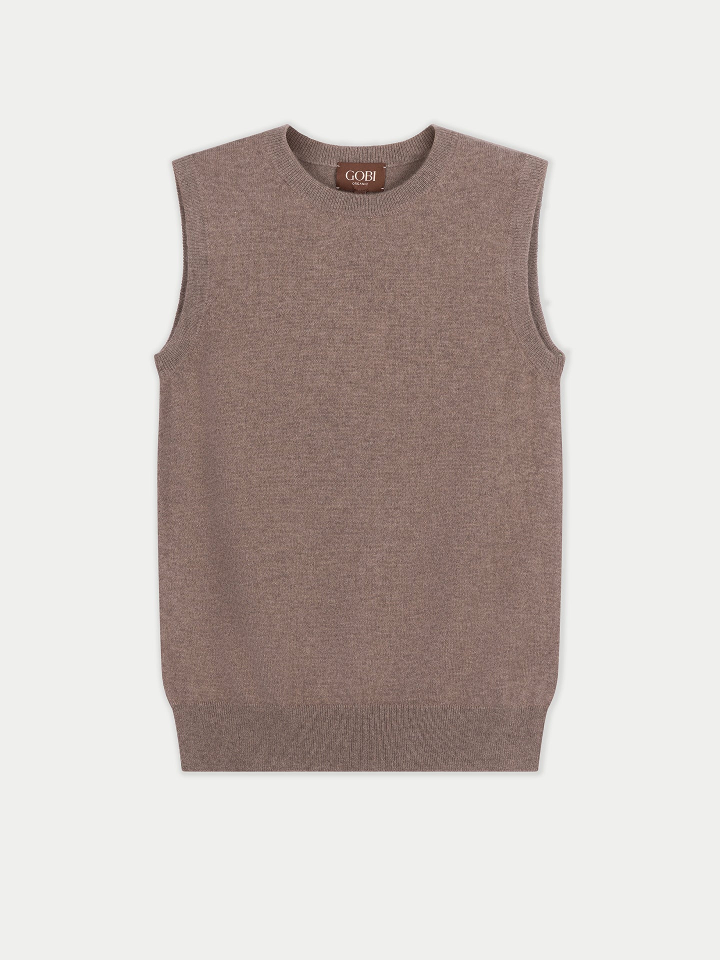 Vue de face d'un débardeur beige à col rond sur fond gris clair. #color_taupe