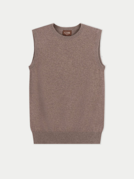 Vue de face d'un débardeur beige à col rond sur fond gris clair. #color_taupe