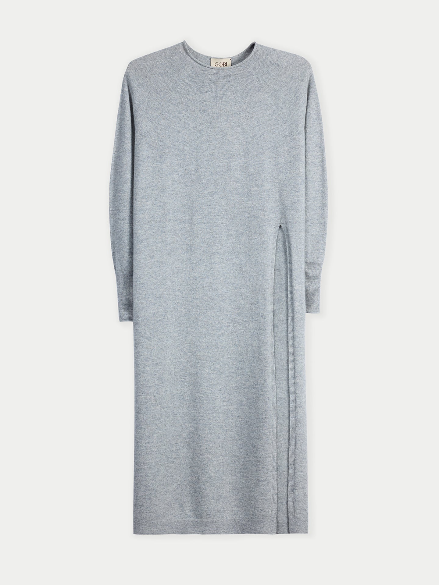 Robe gris clair à col rond, manches longues et fente latérale longue #color_high-rise