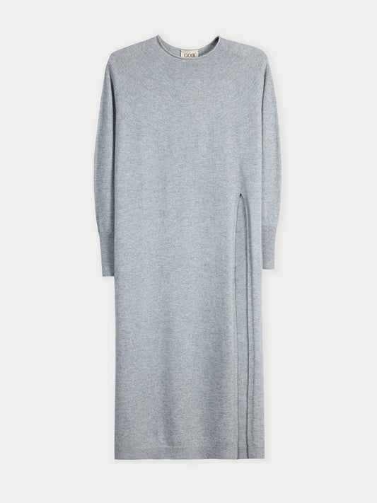 Robe gris clair à col rond, manches longues et fente latérale longue #color_high-rise