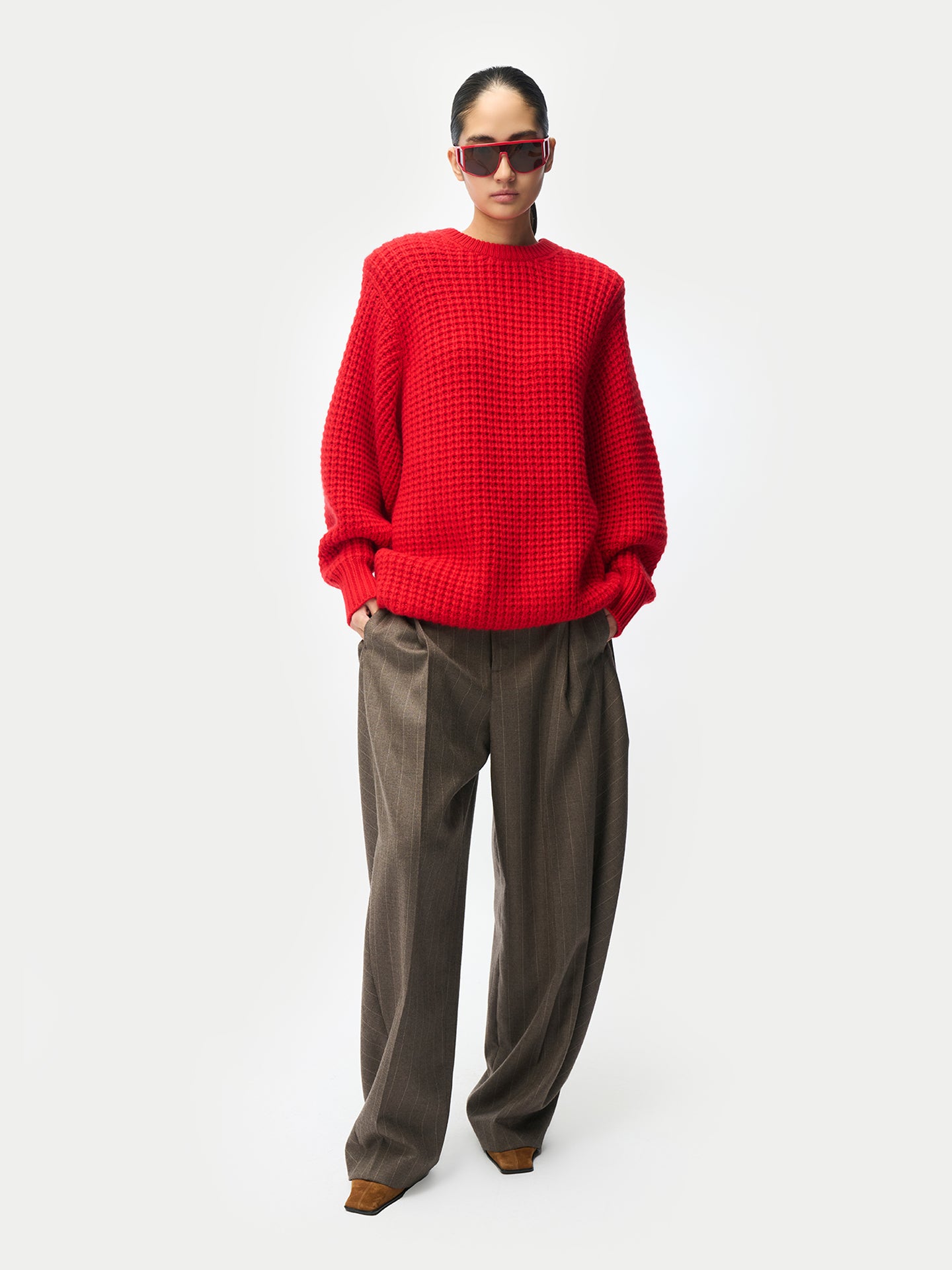 Pull femme en cachemire à épaules larges couleur rouge | GOBI Cashmere