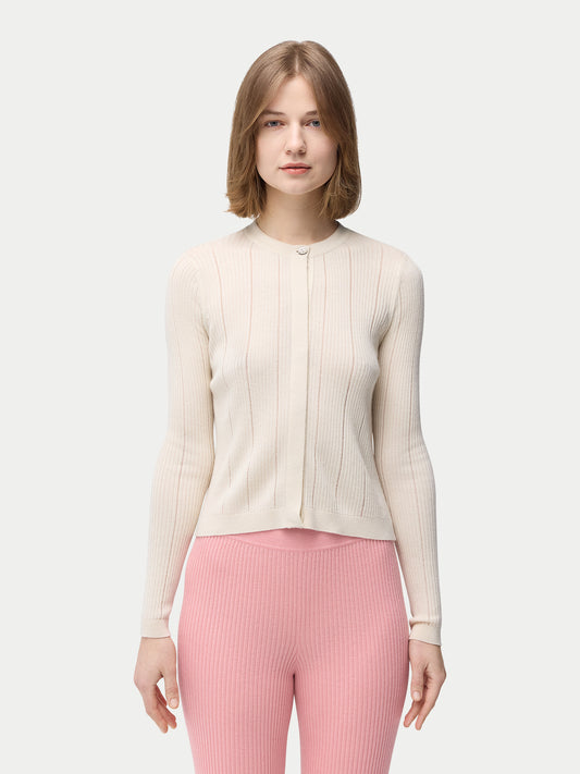 Bouton caché Cardigan en soie cachemire couleur blanc | GOBI Cashmere