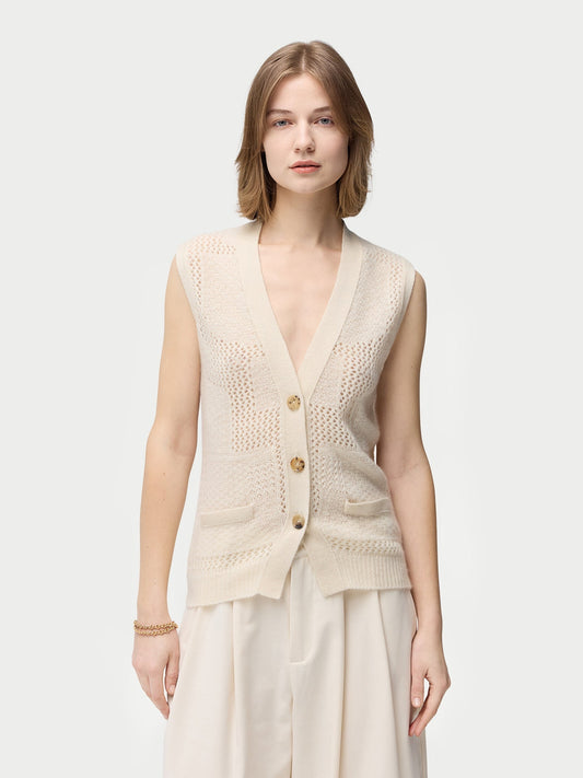 Organic Color Mixed Pattern Cashmere Vest White - Gobi Cashmere