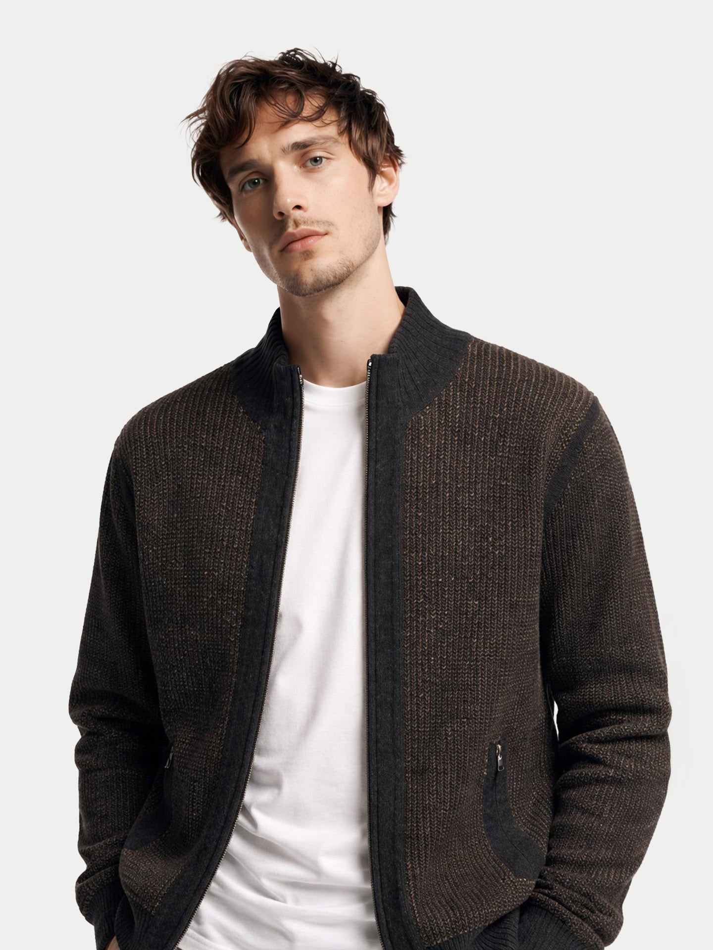 Cardigan en Cachemire Homme Bicolore avec Fermeture Full-Zip