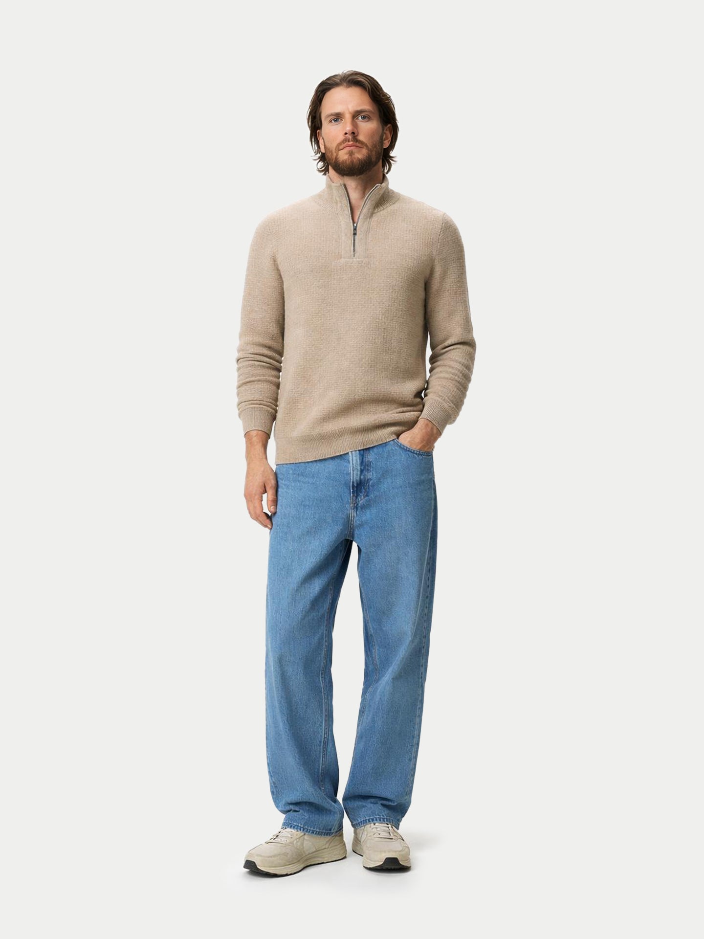 Pull en Cachemire Homme en Tricot Waffle avec Demi-Fermeture Éclair Couleur Organique