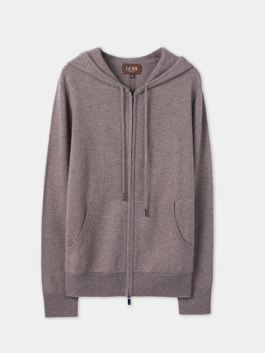 Vue de face d'un sweat à capuche marron à poches latérales sur fond gris clair. #color_taupe