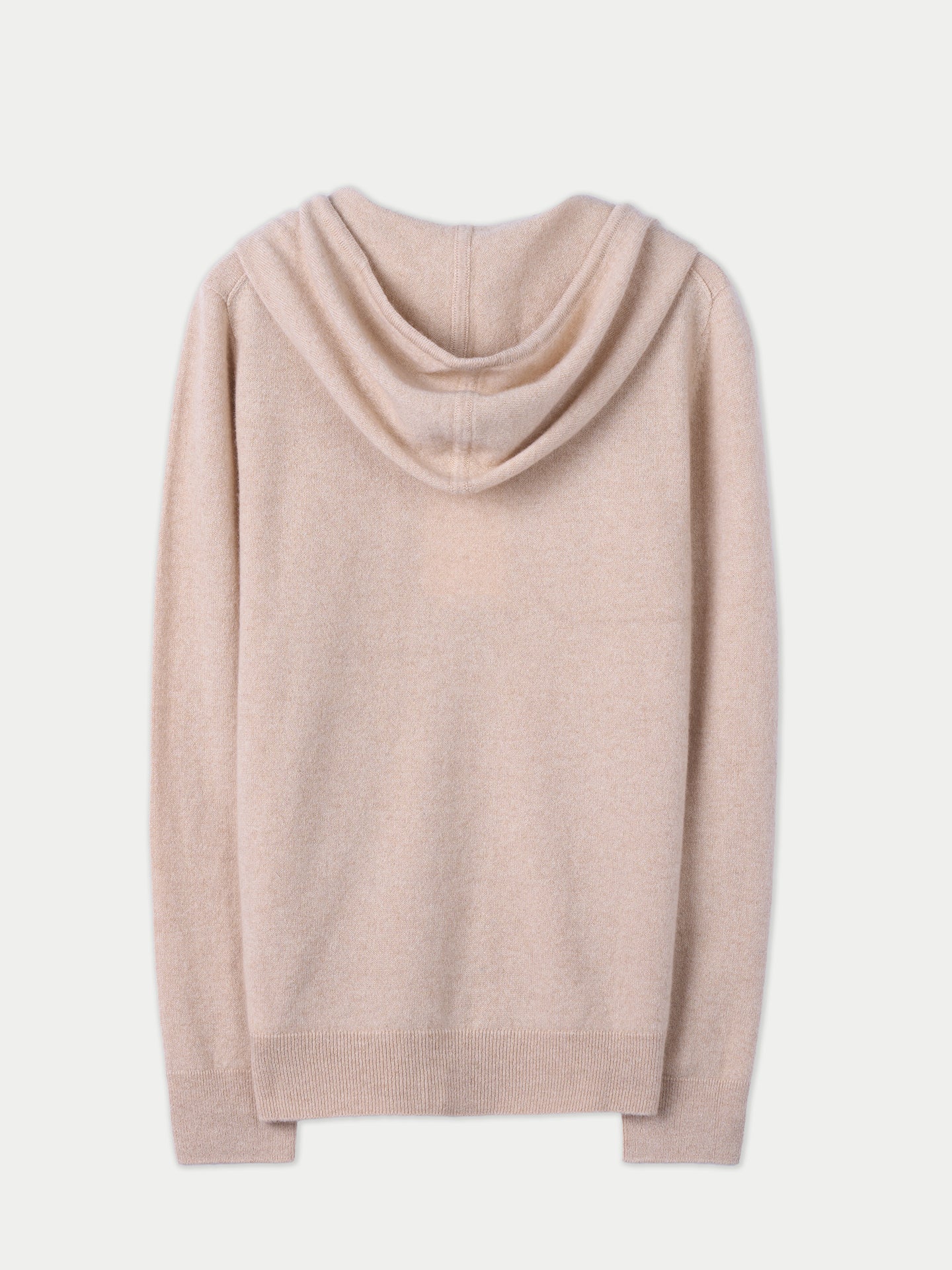 Vue arrière d'un sweat à capuche beige à poches latérales sur fond gris clair. #color_beige
