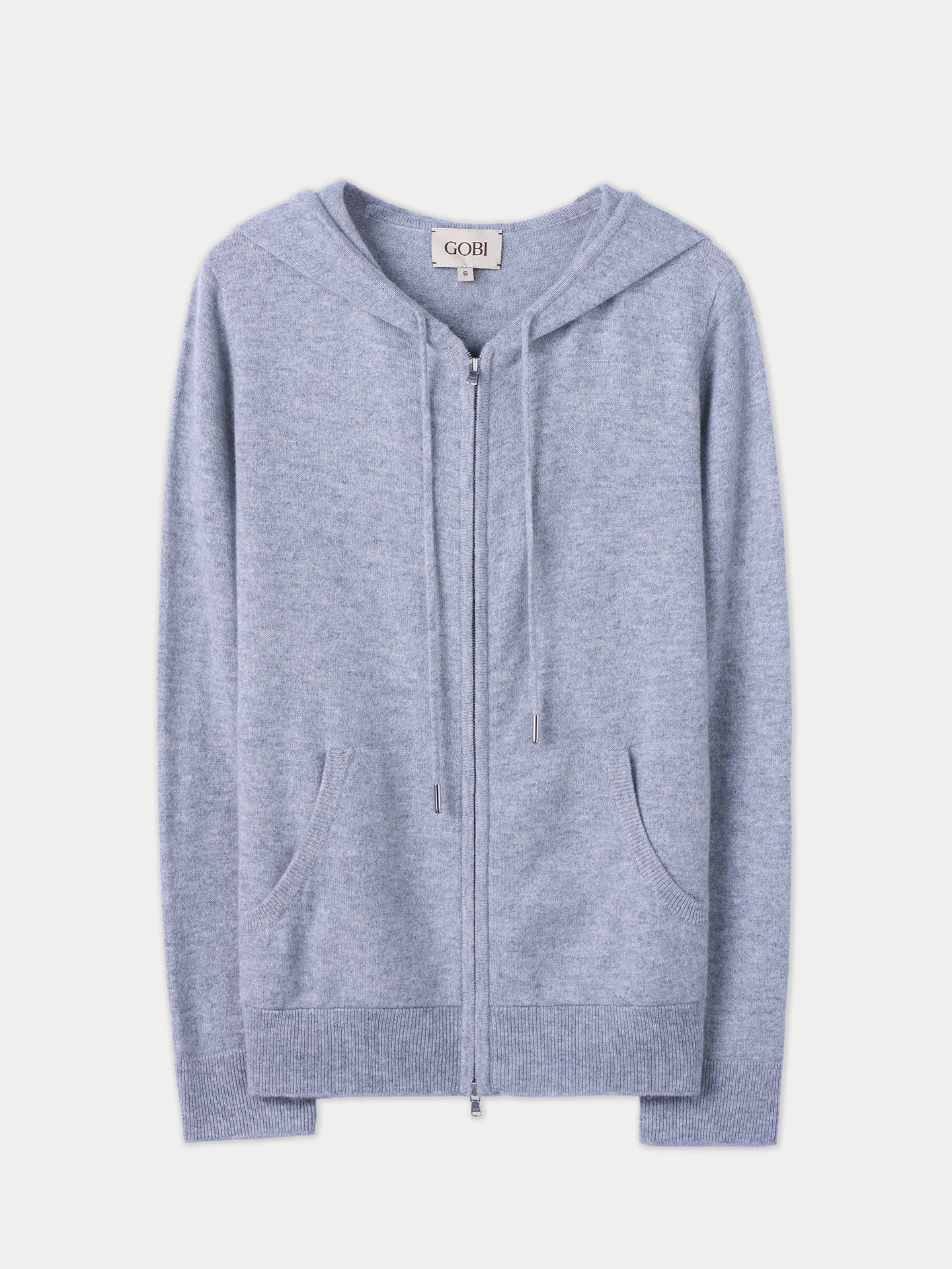 Vue de face d'un sweat à capuche gris zippé sur fond clair. #color_high-rise