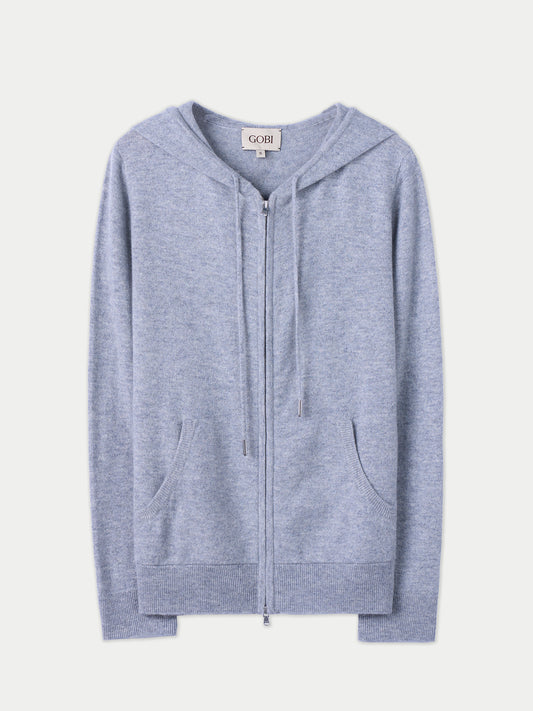 Vue de face d'un sweat à capuche gris zippé sur fond clair. #color_high-rise