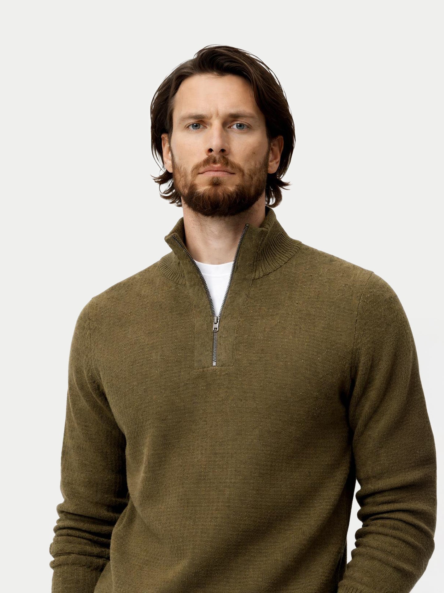 Pull en Cachemire Homme en Tricot Waffle avec Demi-Fermeture Éclair
