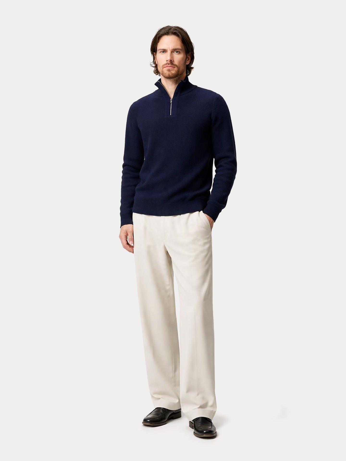 Pull en Cachemire Homme en Tricot Waffle avec Demi-Fermeture Éclair