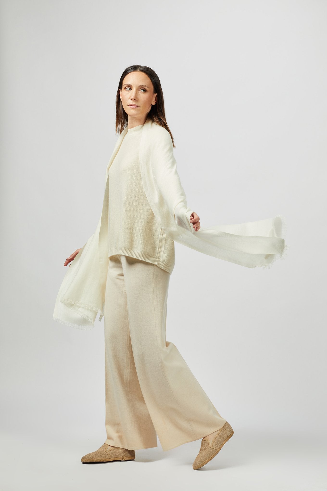 Écharpe tissée avec bords contrastant unisex Blanc - Gobi Cashmere
