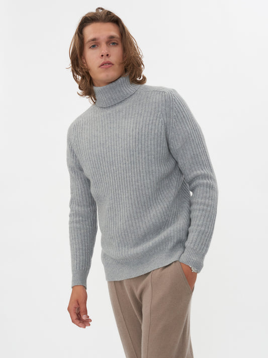 Pull à col roulé en tricot côtelé gris - Gobi Cashmere 
