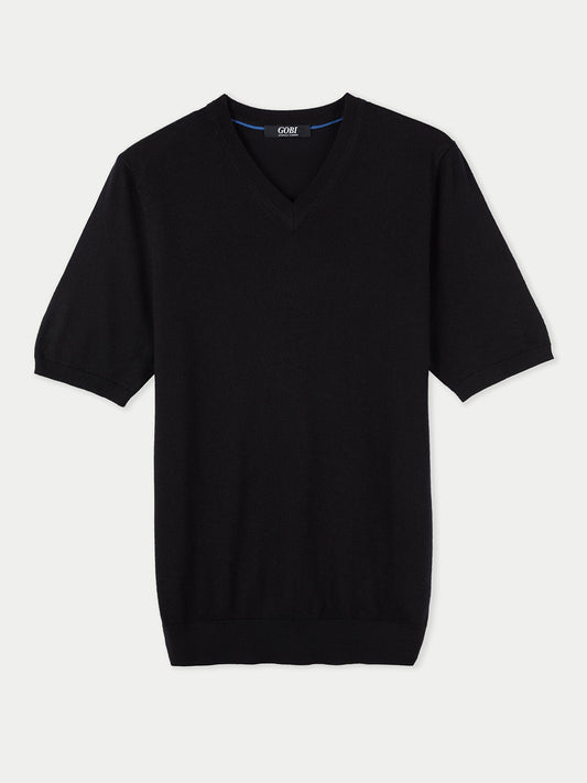 T-shirt col V en soie et cachemire pour homme noir - Gobi Cashmere